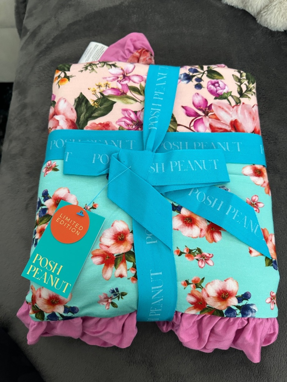 Posh Peanut Floral Ruffle Toddler Reversible  Blanket Pink & Aqua
